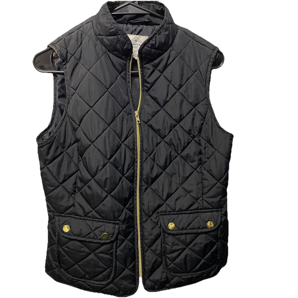 St. Johns Bay‎ Women's Black Puffer Vest Gold buttons Full Zip&Pockets Sz.S EUC